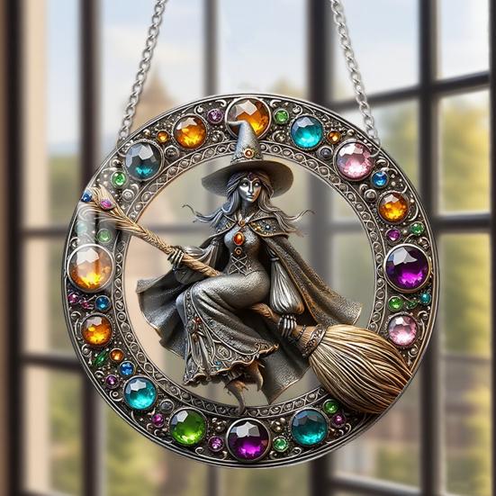 Yousheng Halloween Witch Flying Broom Suncatcher Faux Crystal Magic Witch Wall Art Decor Acrylic Stained Glass Window Hanging Sun Catcher for Home