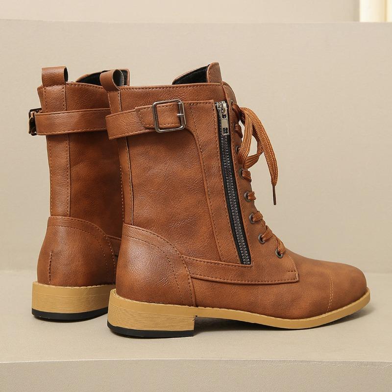 Fashion Womens Low-heeled Pointed Toe Knight Boot 2024 Autumn New Punk Style Zipper Design Mid-calf Women's Boots PU Leather Botas Mujer