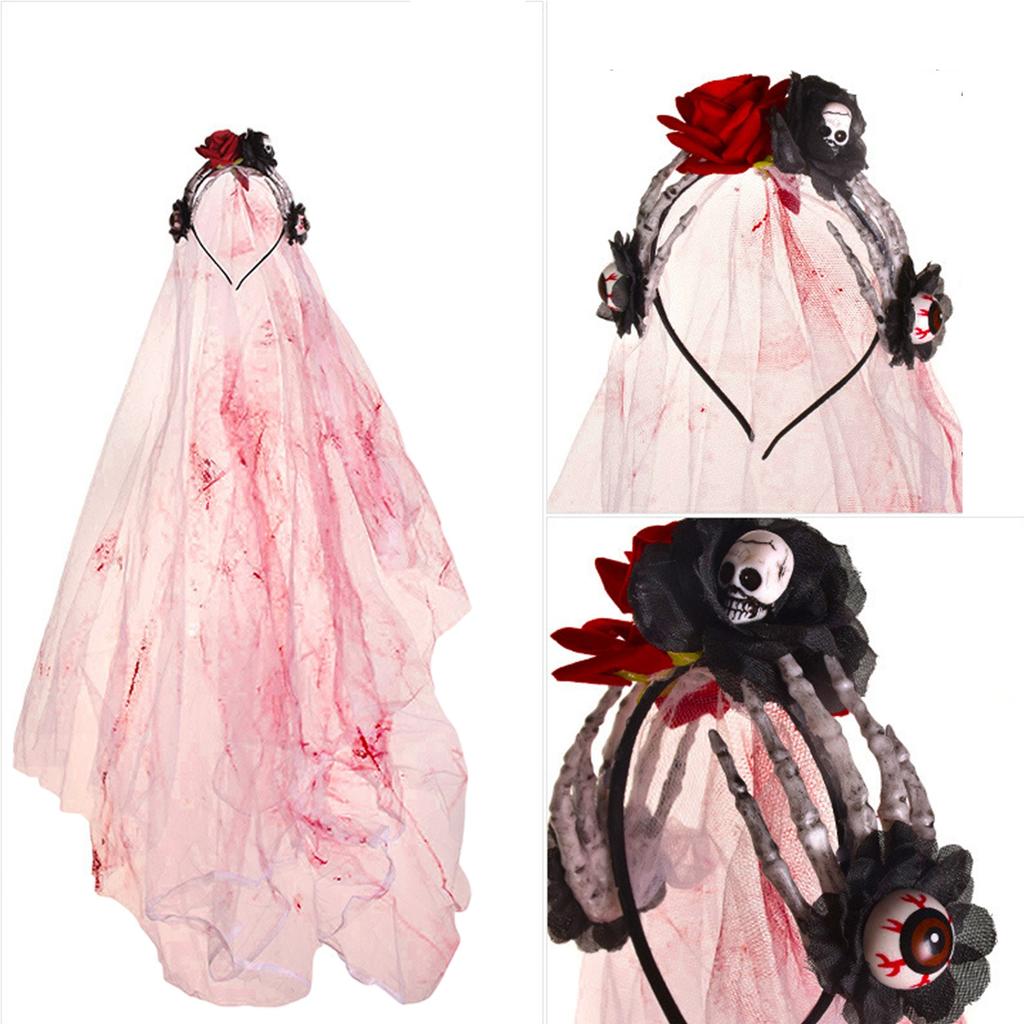 Halloween Gothic Flower Garland With Black Veils Hairband Cosplay Wedding Headpiece Costume Headwear Accessory
