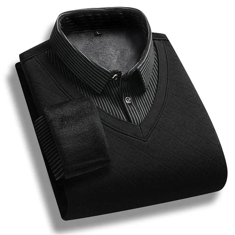 Moda Outono Inverno Plush de Alta Qualidade Gola Grossa Suéter Quente Tendência da Moda Solto Respirável Suéter Falso de Duas Peças