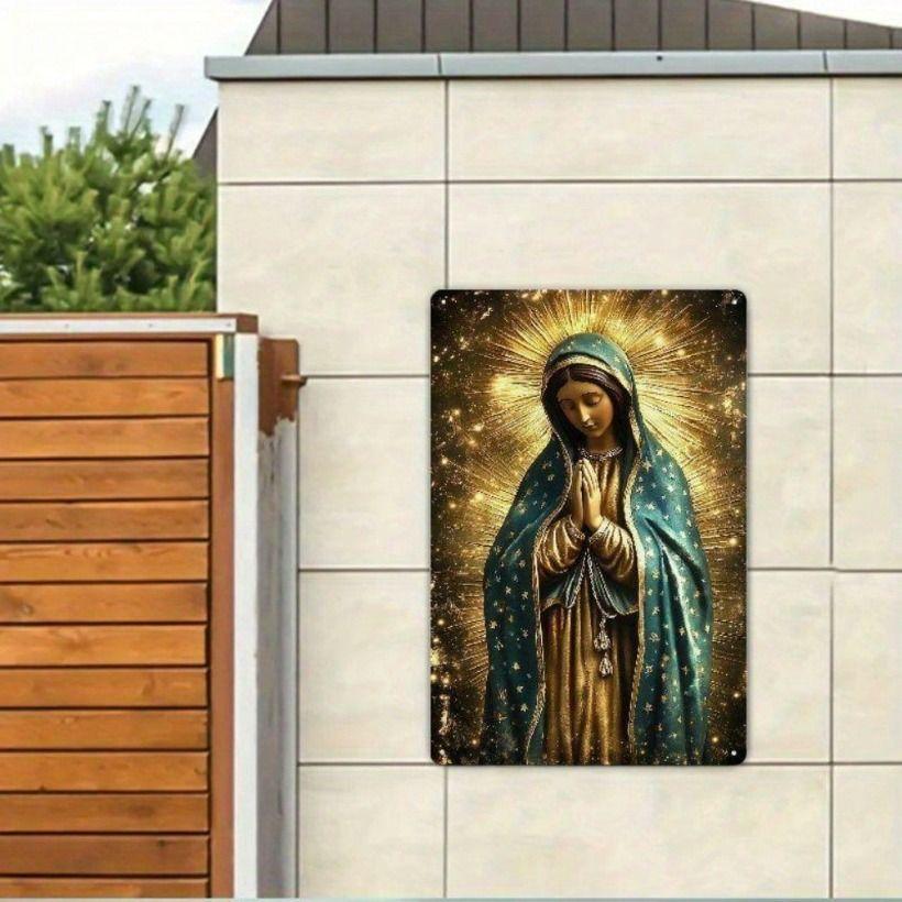 Vintage Metal Wall Sign Virgin Mary, Catholic Religious Poster for Prayer