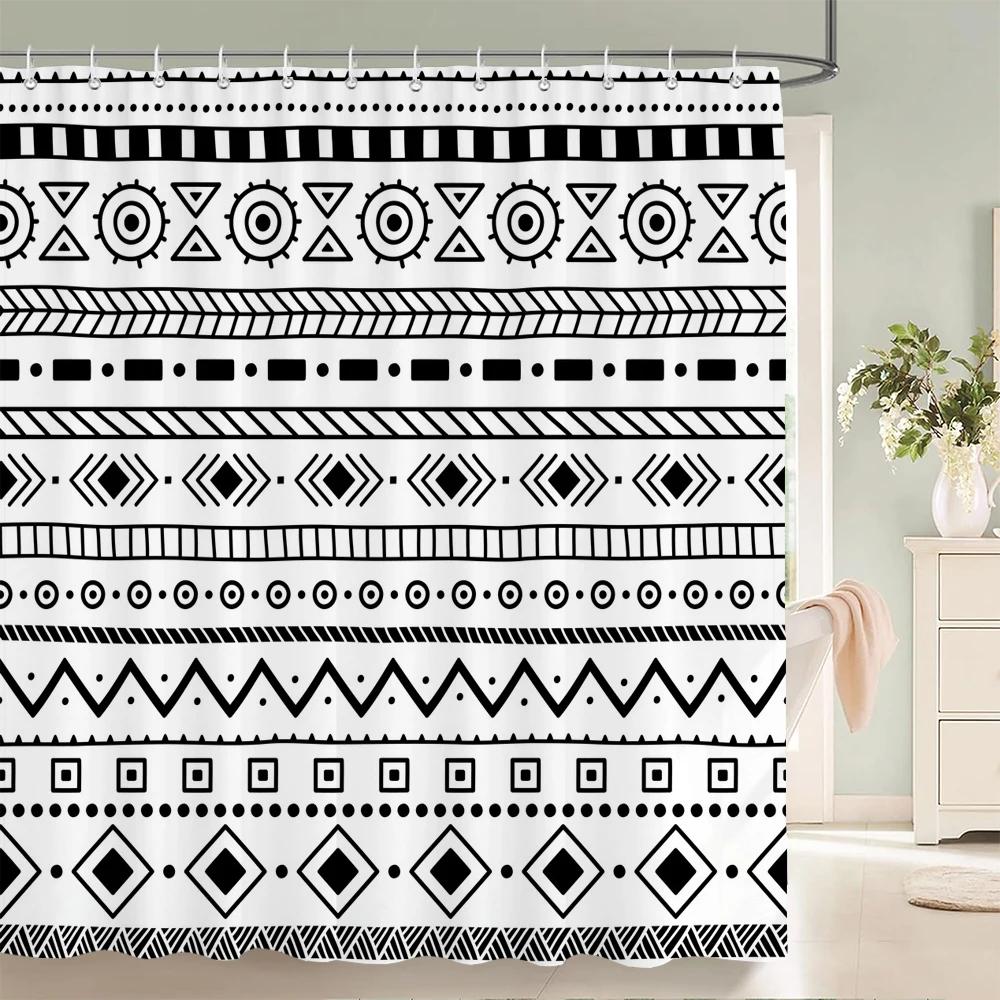 Simple Geometric Pattern Fabric Shower Curtain Bathroom Curtains  Stripes Mosaic Bath Screen Waterproof Polyester with 12 Hooks