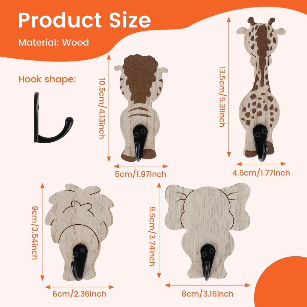 4 Pcs Cartoon animals Wood Decorative Wall Hook Creative Kids Wall Hook Practical Cute Towel Hanger for Home Bathroom Bedroom