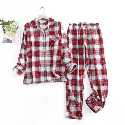 Autumn and Spring Cotton Women's Long Pants Pajamas Sets for Sleepwear Plaid Design Loose Long Sleeve Trouser Suits
