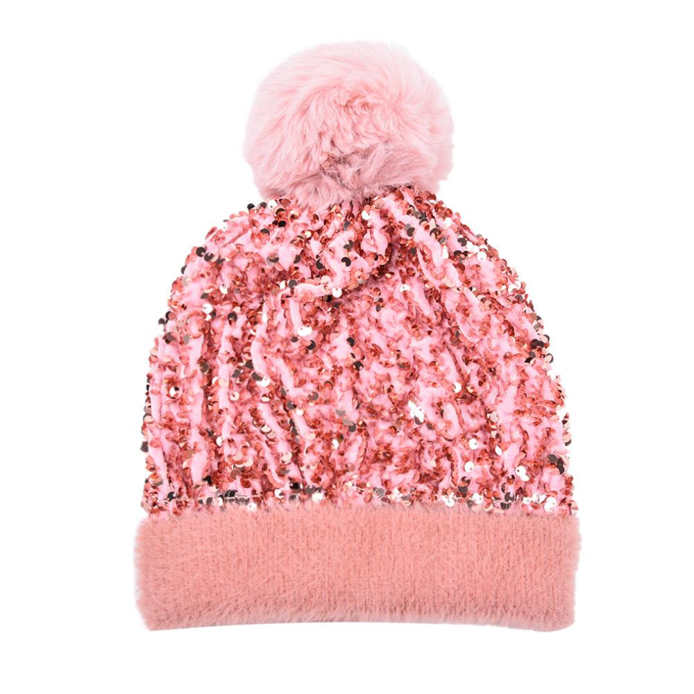 Gestrickte Beanie-Mütze mit Pailletten und großem Kunstfell-Pompon für Damen, Wintermütze