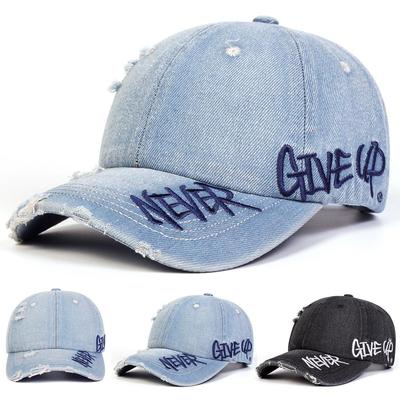 YOUNAXIN Vasket Denim "NEVER GIVE UP" Baseballcaps Unisex Ripped Streetwear Solhatt