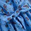 Spring-Summer V-Neck Floral Blue Dress for Women - Long Sleeve, Belted, Slim Fit
