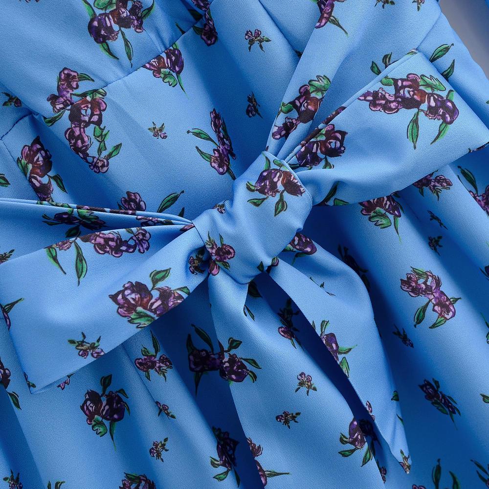Spring-Summer V-Neck Floral Blue Dress for Women - Long Sleeve, Belted, Slim Fit