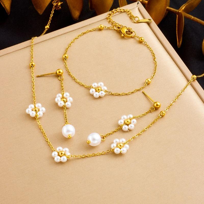 Pearl Flower Jewelry Set For Women Gold Plated Stainless Steel Necklace Bracelet Earrings белый