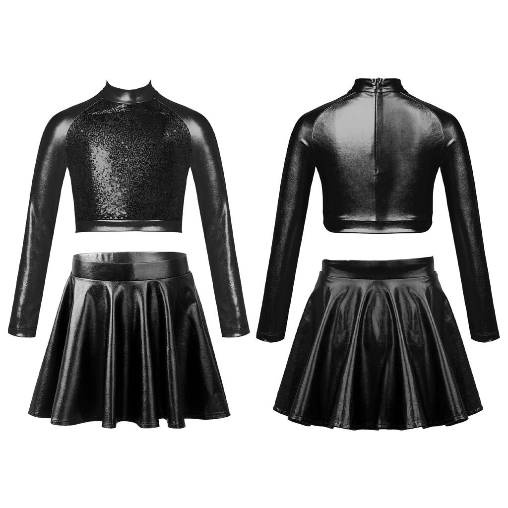 Kids Girls Glossy Metallic Dance Outfit Long Sleeve Sequin Crop Top Skating Short Skirt Suit for Figure Skating
