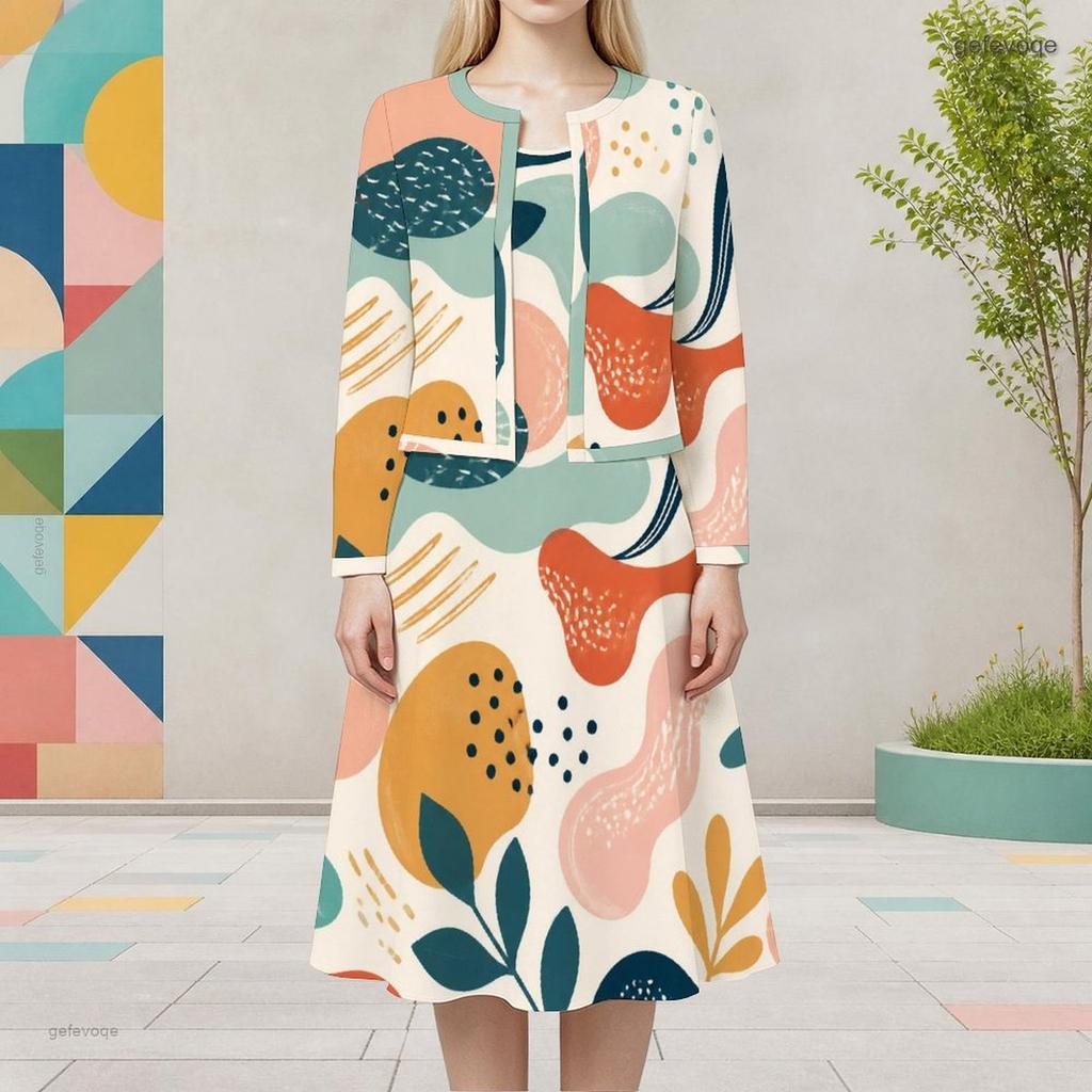 Women Plus Size Printed Two Piece Set Round Neck Long Sleeve Cropped Cardigan Sleeveless Midi Dress