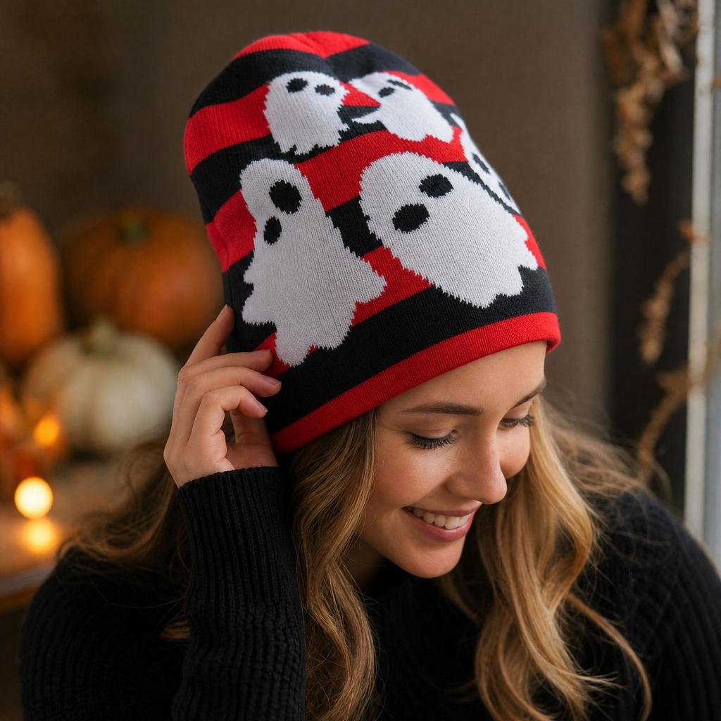 Halloween Pumpkin Knit with, Warm Winter Cuffed Hat for Adults and Kids