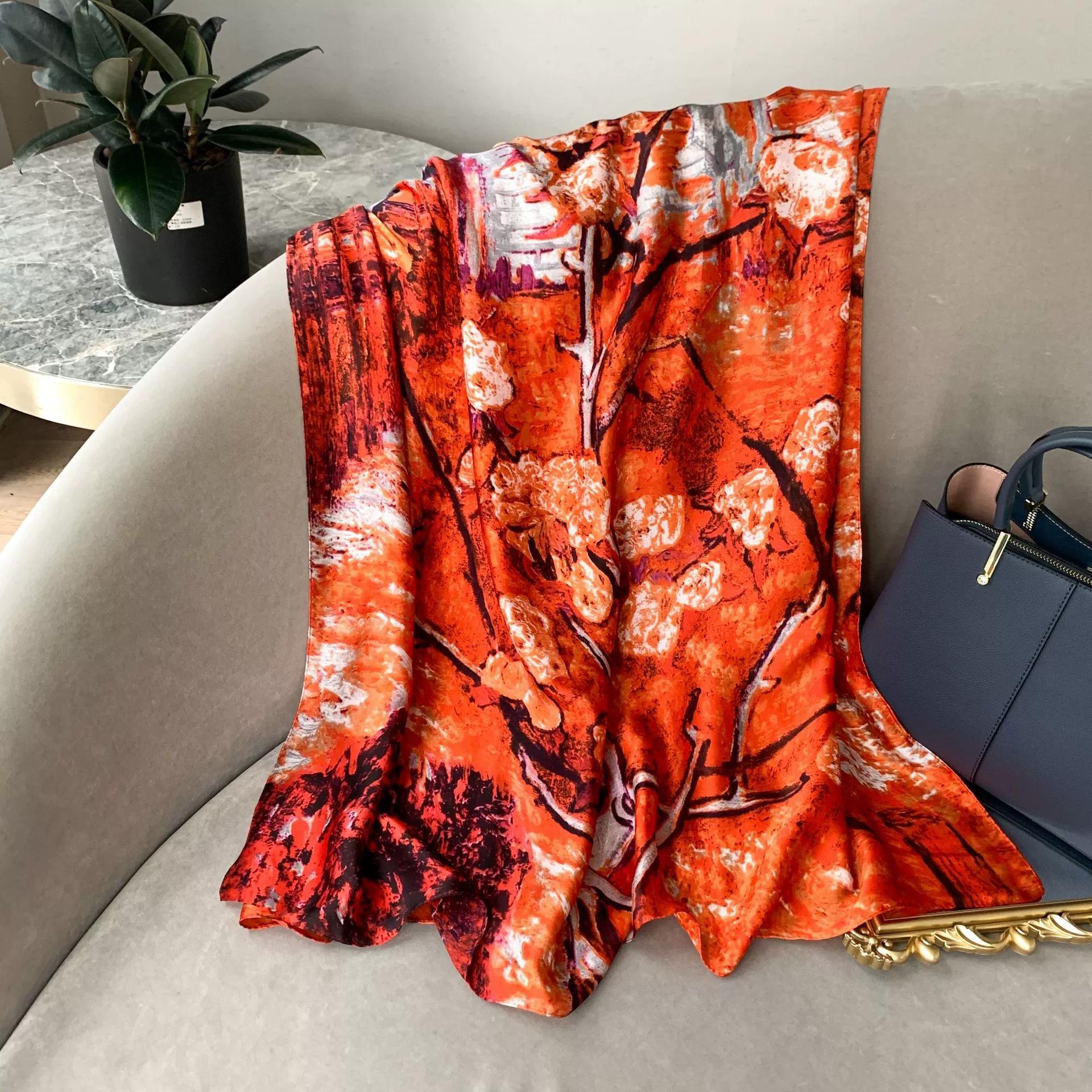 

Vintage Flower Printed Imitation Silk Scarf Fine Shawl Elegant Art Oil Painting Women S Wraps 90X180CM