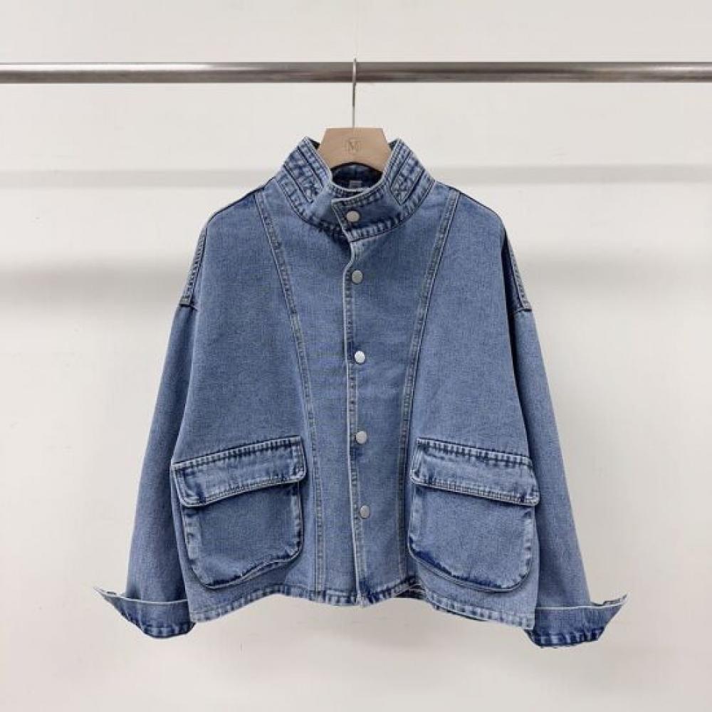 Mizqz Oversized Washing Denim Jacket High Neck Outer Pocket