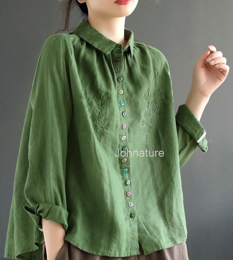 Spring Floral Embroidery Blouse Women Long Sleeve Solid Color Button Shirt Turn Down Collar