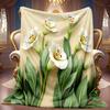 1pc 2D White Lily Flower Green Leaf Theme Pattern Flannel Blanket, Soft HD Digital Print, Cooling Blanket All-Season Use! Soft And Breathable 100% Pol