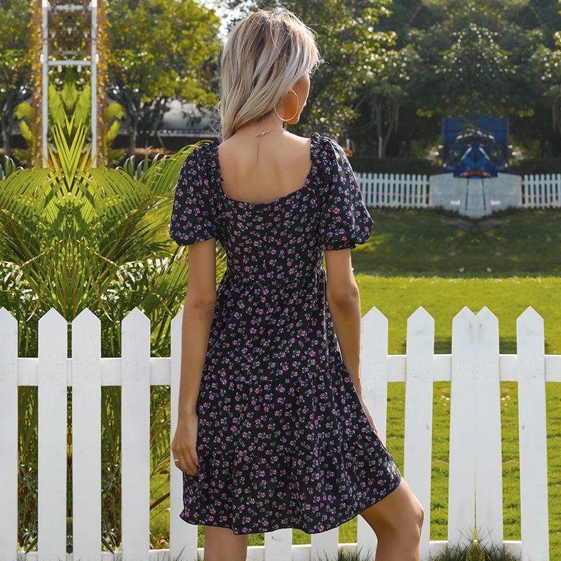French pastoral floral fungus trimmed pleated one-shoulder dress