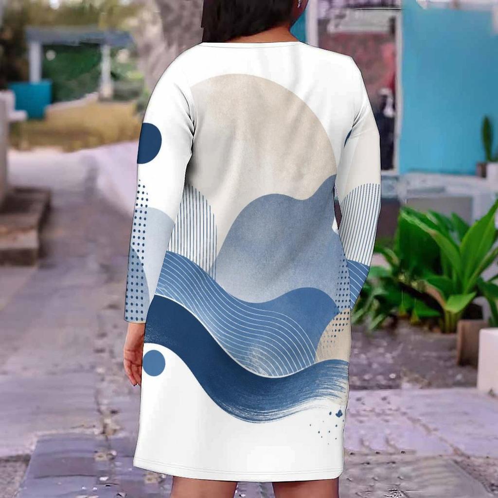 Women Plus Size V Neck Long Sleeve Blue White Printed Fitted Straight Dress