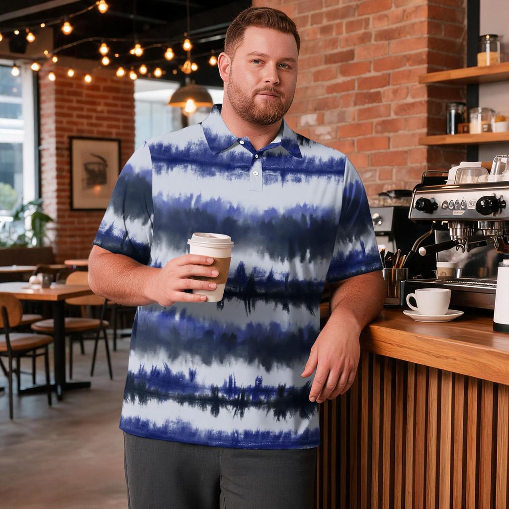 Men's Big Size Short Sleeve Golf Shirt Breathable Casual Workwear Polo Shirt with Striped Plaid Print Comfortable Fit