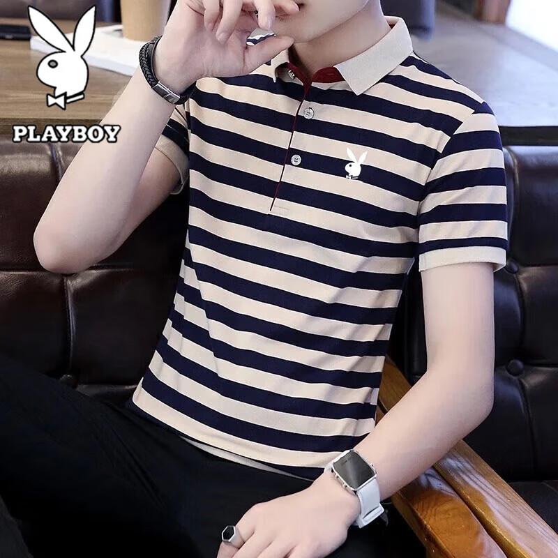 PLAYBOY Men s Striped Lapel Polo Shirt L