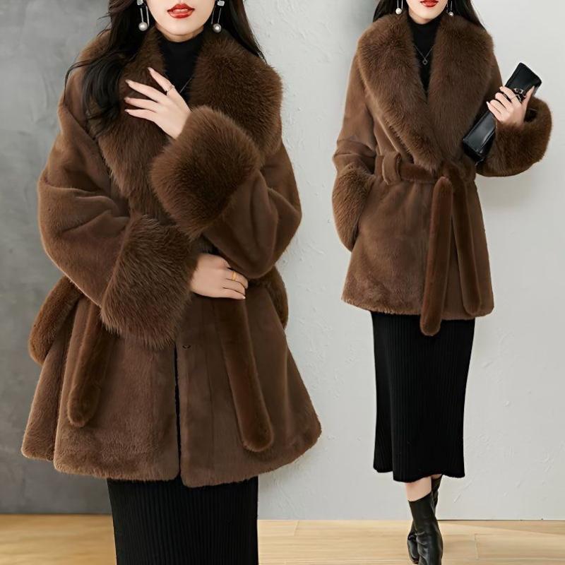 Faux Fur Coat with Fur Collar, Waist-cinching Design, Thickened and Warm, Long-length, Stylish Winter Coat for Autumn and Winter