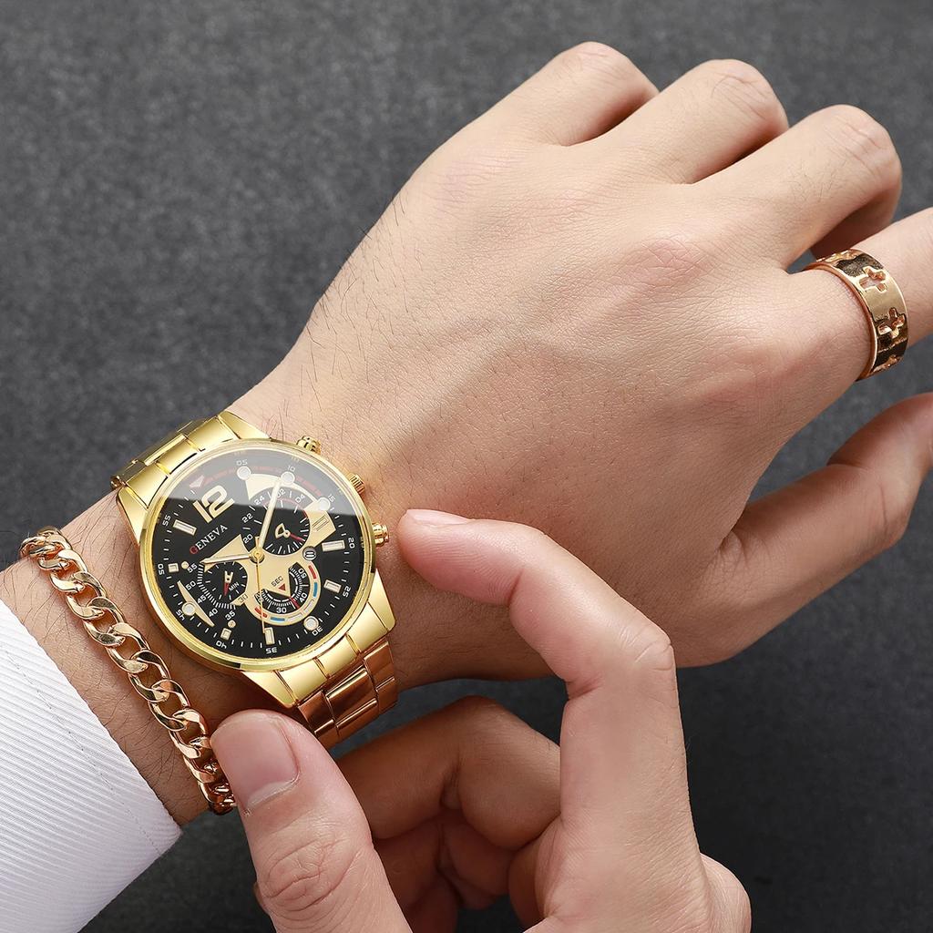 4pcs-trendy Hip-hop Men's Business Watch Bracelet Ring Set, Analog Mechanical Watch Quartz Watch Men's Clock (no Box)