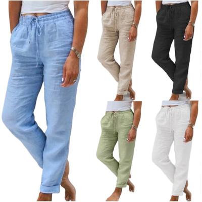 Elastic Waist Simple Cotton and Linen Wide-leg Pants, Summer Ladies Loose Trousers