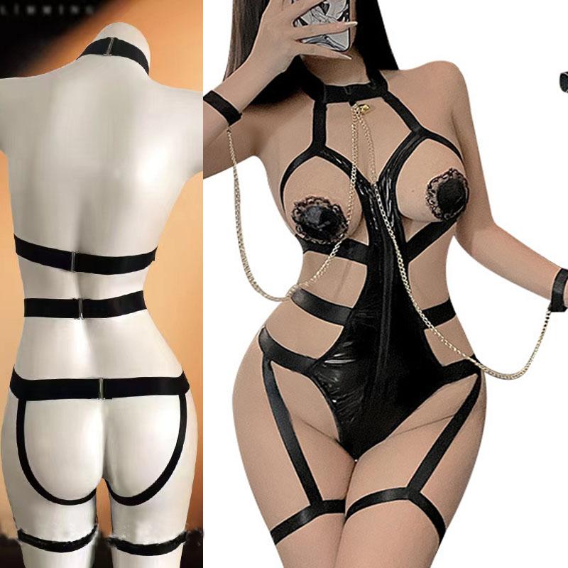 Hot Sexy Black Open Crotch Bodysuit Woman Sexy Lingerie Erotic Punk Leather Set Bdsm Underwear Porn Roleplay Costume Goth Outfit