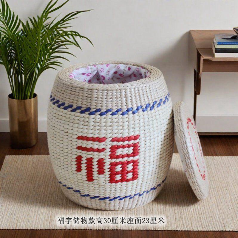 Round Rattan Ottoman Seat Cushion Handmade, Tatami Footstool, Tea Table Stool for Living Room, Low Height Chair