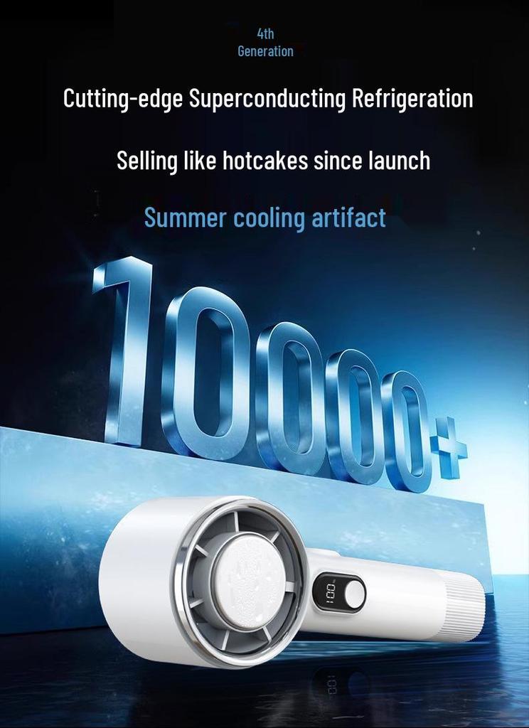 Compact Silent Handheld Fan with Long Battery & Powerful Speed, includes Ice Pack.