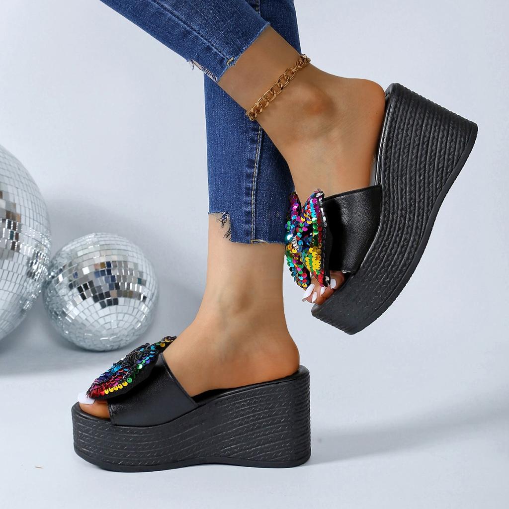 Aphixta 9cm Hight Wedge Heels Colorful Bow Flowers Platform Slides Summer Woman Shoes Platform Slide Shoes Sandalias De Mujer