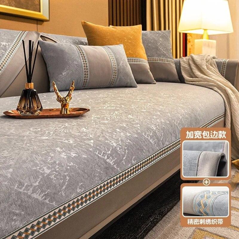 Modern Splicing Sofa Cover Solid Color Luxury Chenille Non-slip Sofa Cushion Four Seasons Universal Cover Anti Cat Scratch Mats