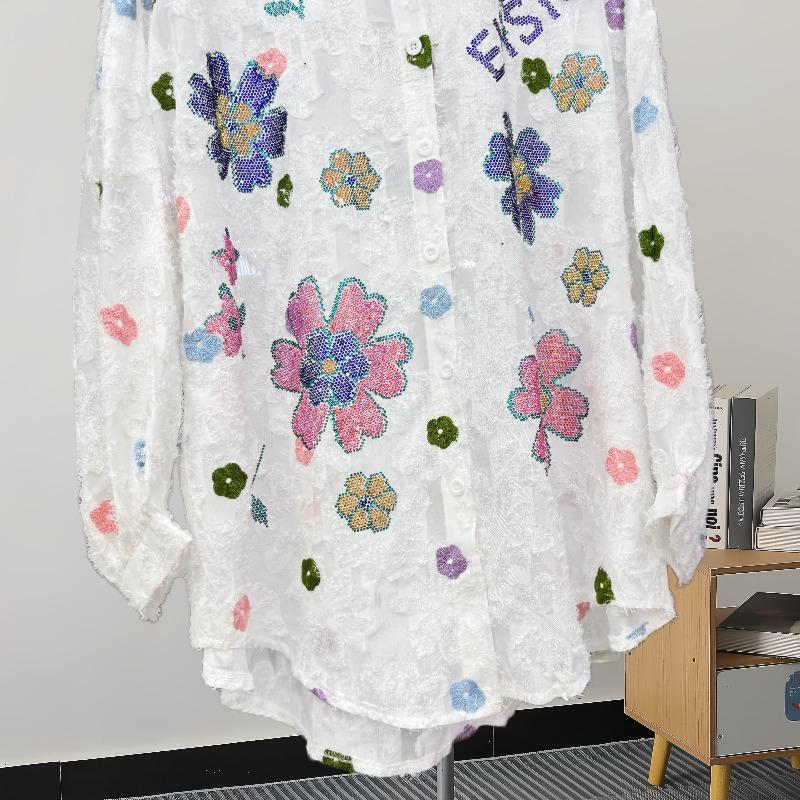 Fashion Flowers Casual Loose Shirts for Women Spring and Autumn New Long Sleeve Women's Blouses Tops Elegant Single Breasted Simple Ladies Shirt 25835