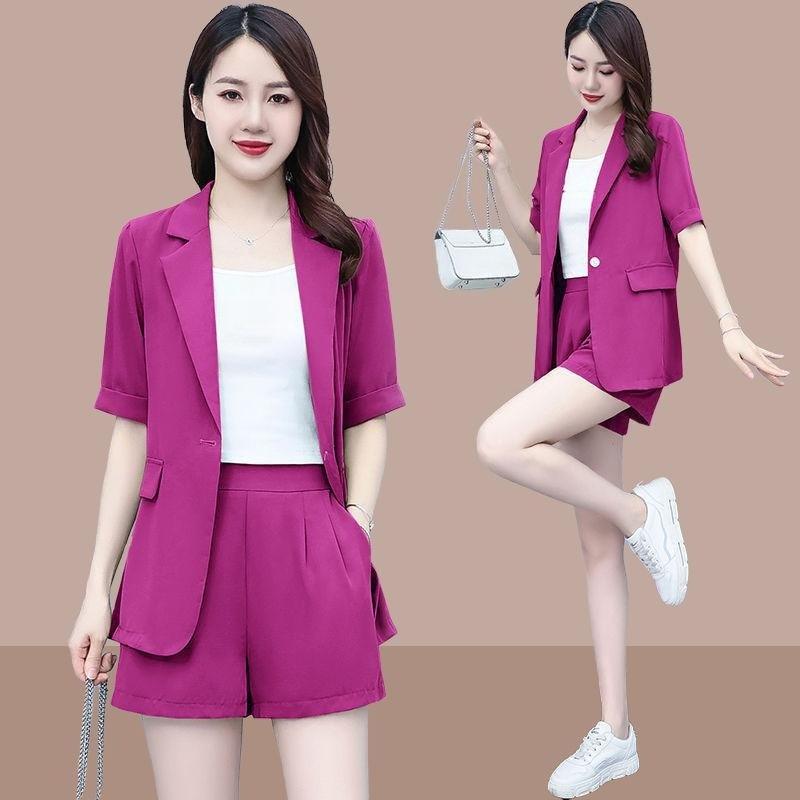 Summer Casual Short Sleeved Blazrs Jacket Matching Set Women's Fashion Professional Suit Coat Shorts Two-piece