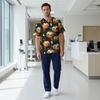 Men's Short Sleeve V Neck Halloween Print Scrub Top with Chest Pocket Medical Workwear for Healthcare Professionals