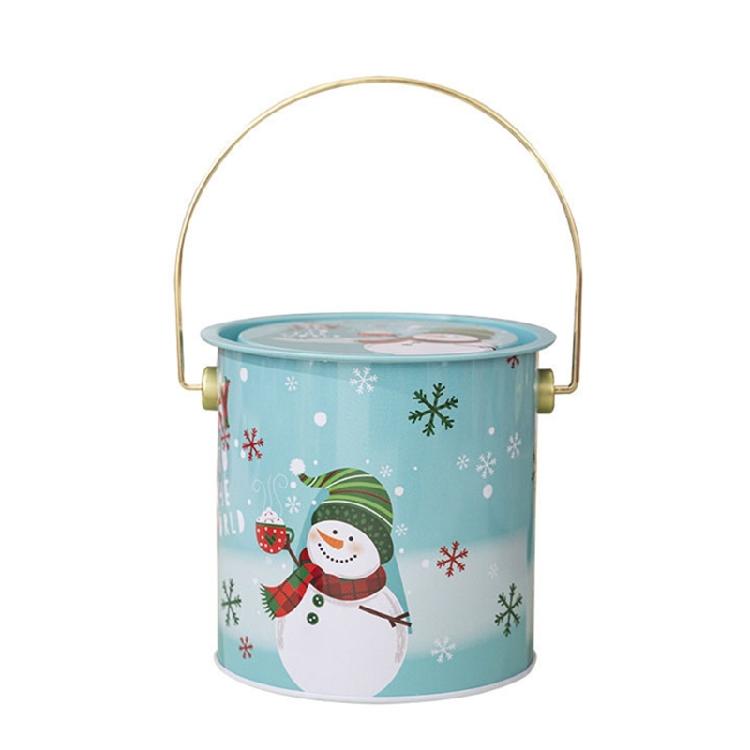 2pcs Decorative Christmas Candy Boxes Handheld Round Bucket Portable Sweets Tins with Handle for Family Gathering