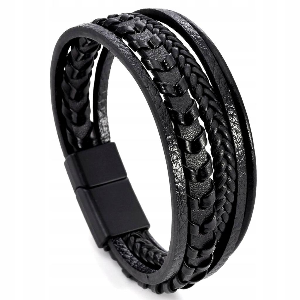 Men' Black Braided Magnetic Leather Bracelet for a Gift, Titanium