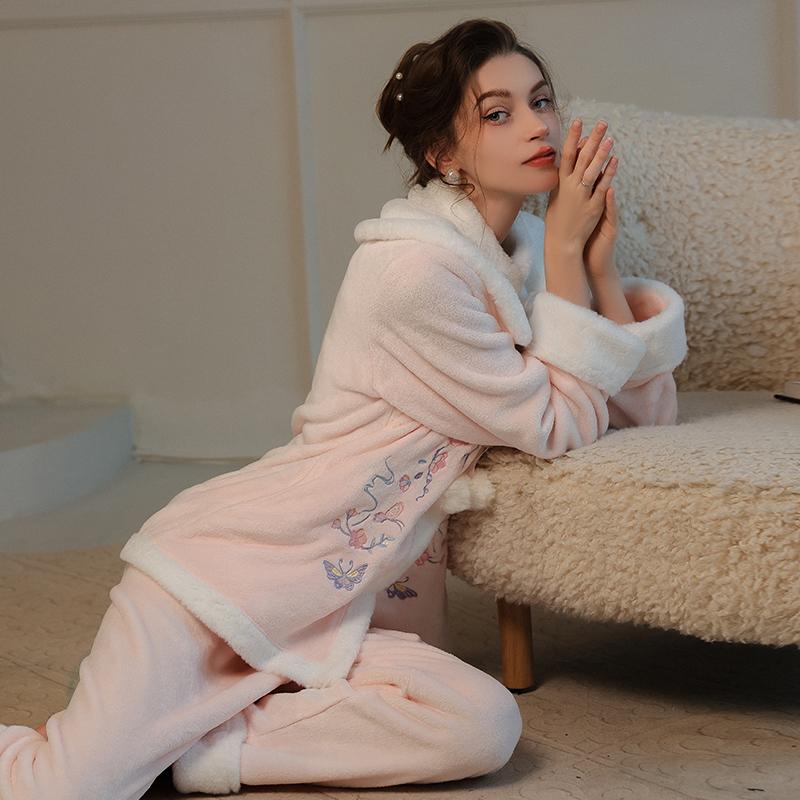 Women’s Plush Sleeping Suits Sexy Thick Velvet Embroidered Outer Robe and Pants Lounge Pajamas Comfortable Clothing
