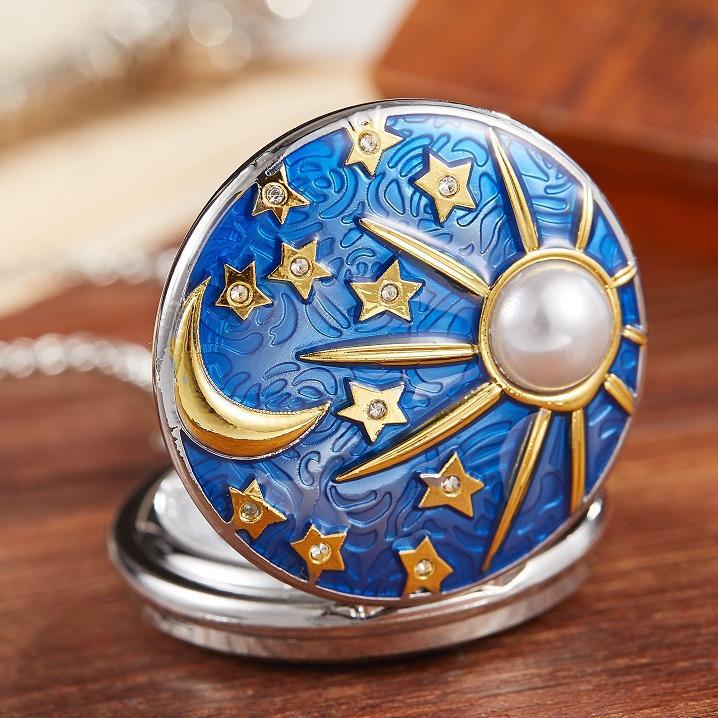 Star Moon Quartz Necklace Inlaid Pocket Watch Pendant Chain for Male Women