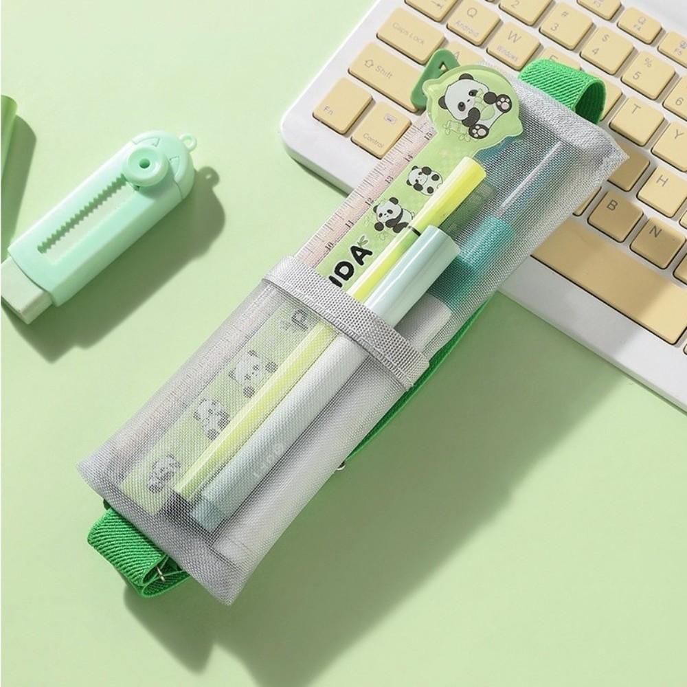 Elastic Strap Zipper Pencil Case Mesh Fabric Stationery Organizer Mesh Pen Pouch School Supplies