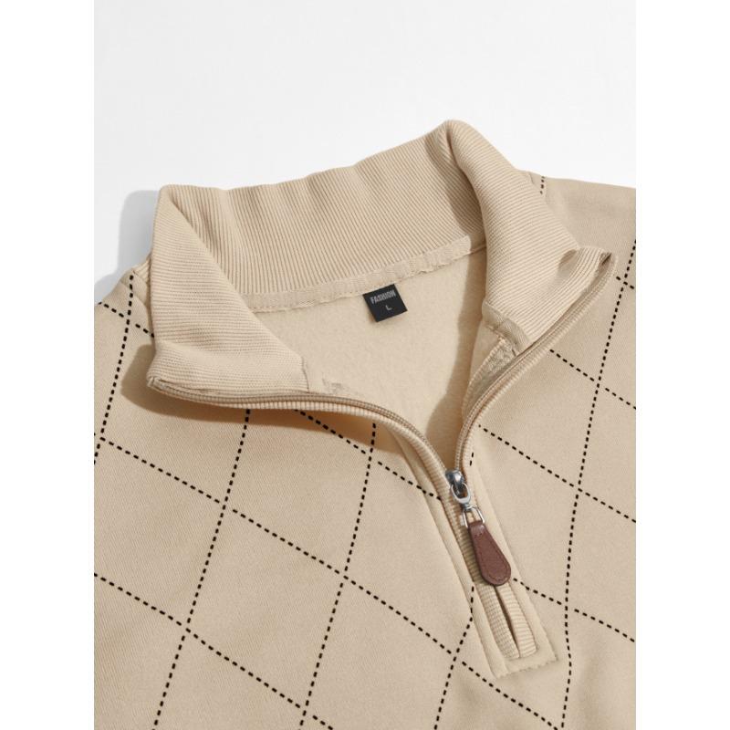 Men's Half-Zip Collared Diamond Quilted Casual Sweatshirt.