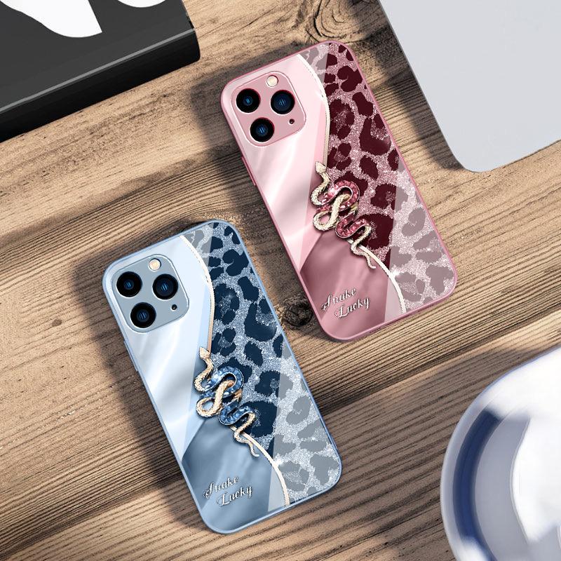 Spotted Snake Pink For IPhone 16 Pro Max 15 Pro 14 13 12 Mini 11 XS Max XR 7 8 Plu SE 2022 Tempered Glass Phone Case
