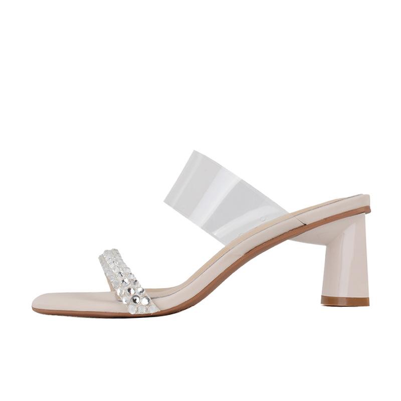 Begrenzte Sozialleistung, transparenter Strassstreifen mit Sandalen Damen High Heel Blockabsatz Zehenfrei Pantoletten Damen Oberbekleidung