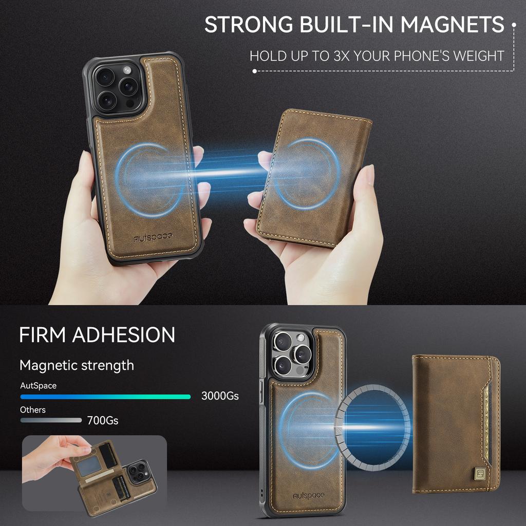 For iPhone 14 Pro Case AUTSPACE A13 Vintage Leather Back Cover with Magnetic Detachable Card Bag