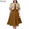 ZANZEA Women Casual Fake Two Piece Patchwork Retro Print Short Sleeve Dress