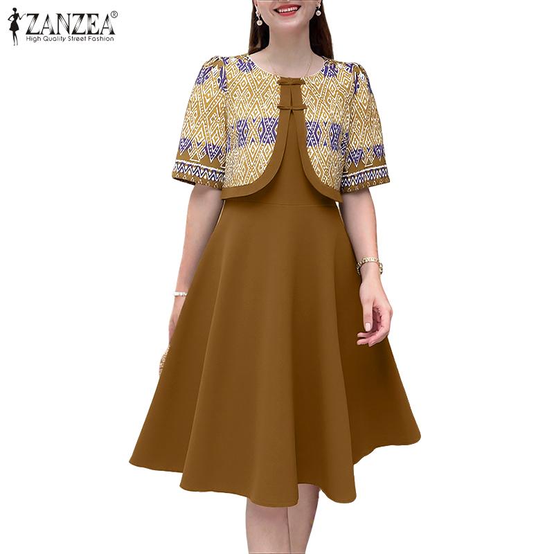 ZANZEA Women Casual Fake Two Piece Patchwork Retro Print Short Sleeve Dress