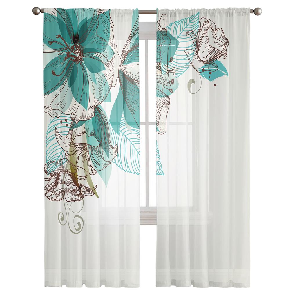 Flowers Bloom Turquoise Plants Roses Tulle Sheer Window Curtains for Living Room Kitchen Children Bedroom Voile Hanging Curtain