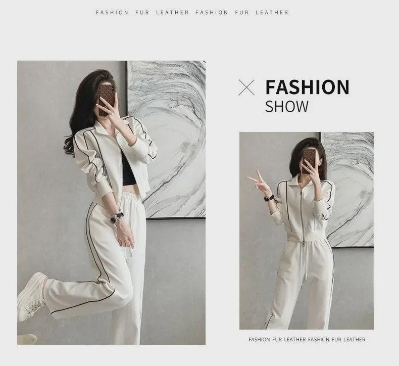 Americký styl Trendy Dámská Slim Fit Bunda na zip a Kalhoty se širokými nohavicemi Dvoudílný oblek na podzim a zimu