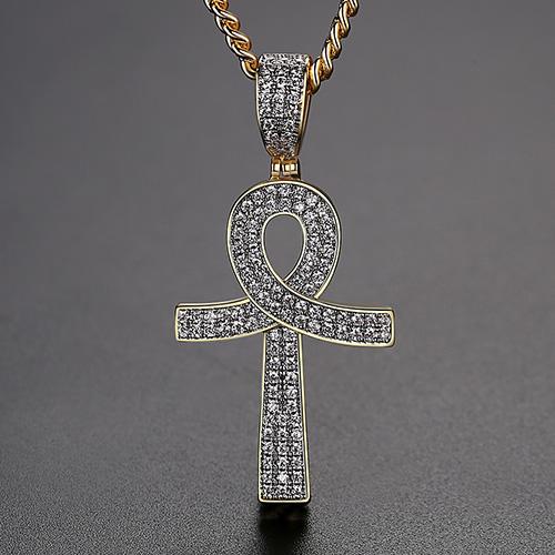JINSE Dainty Rhinestone Cross Necklace Cuban Link Iced Out Pendant Double Line CZ Big Womens Egyptian Cross Necklace 24 inch cuban chain(60cm)