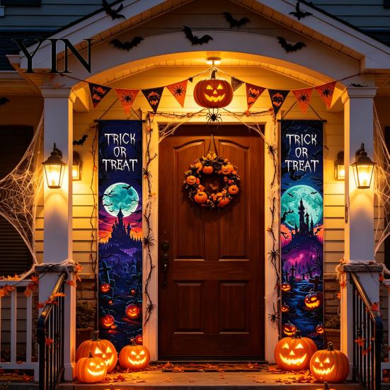 Party Hanging Decoration Halloween Porch Sign Banner, Pumpkin Ghost Awning Wall Eye-catching Door Backdrop Decoration, Front Wreath Banner Yard